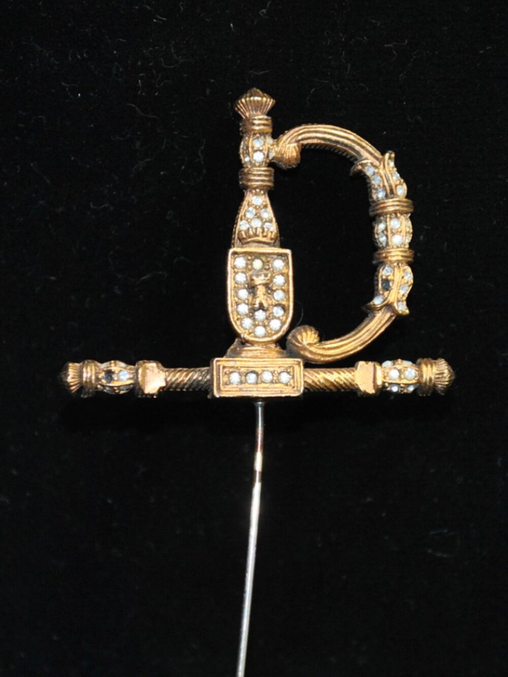 Vintage De Nicola Gold-tone Sword Stick Pin with Rhinestones